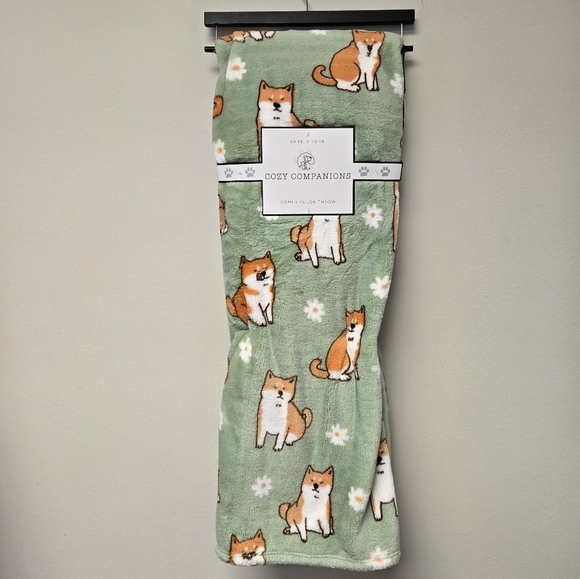 Cozy Companions Shibas and Daisies Comfy Plush Throw Blanket Green - Picture 6 of 6
